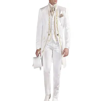 2020 Винтажные Белые/Черные Костюмы Жениха в стиле принца со Стоячим воротником, Свадебные Смокинги для Жениха, Мужские костюмы Fomal Wear (куртка + Брюки + Жилет)