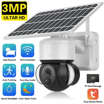3MP Tuya Smart Solar WiFi PTZ Камера Наружная 2-Полосная аудио Зарядка Аккумулятора IP-Камера Безопасности Alexa Google CCTV Камера Видеонаблюдения
