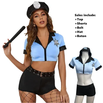 5 шт. Сексуальная полицейская форма для взрослых женщин на Хэллоуин, косплей, наряд полицейского, полицейский костюм, топ + шорты + Пояс + шляпа + дубинка