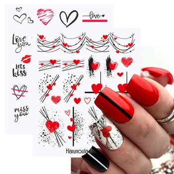 Harunouta Valentine Love Heart Line Dsign Водные Наклейки Для ногтей Золотые Черные Листья Геометрический слайдер с цветочным рисунком Для украшения ногтей
