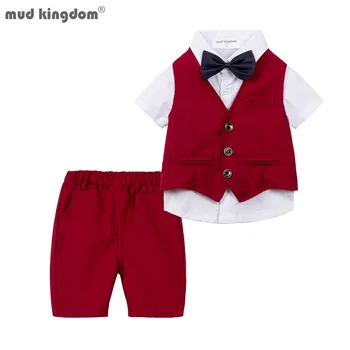 Mudkingdom, 4 шт., костюм Джентльмена для мальчиков, Рубашки с коротким рукавом и галстуком-бабочкой, однотонный жилет, Шорты, Комплекты Свадебной одежды, наряды
