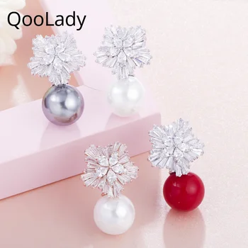 QooLady 2023, горячие модные красивые сверкающие снежинки, белые кубические циркониевые камни, большие жемчужные серьги-гвоздики, ювелирные изделия для женщин E001
