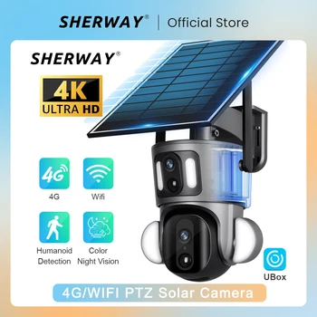 SHERWAY 4K 4G Солнечная камера безопасности 8MP с двойным объективом, Беспроводная наружная WiFi Солнечная панель, PTZ-камера видеонаблюдения, камера для определения движения
