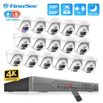 TinoSec 16CH UHD 4K 8MP 5MP POE Комплект камер Безопасности H.265 Smart AI Распознавание лица Полноцветное Ночное Видение Двустороннее Аудио IP66 P2P