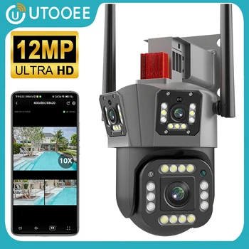 UTOOEE 6K 12MP Трехобъективная WIFI PTZ-камера 4K с тремя экранами, Наружные камеры видеонаблюдения с автоматическим отслеживанием человека с искусственным интеллектом