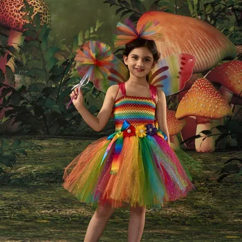 Блестящее сказочное платье-пачка для девочек на День Рождения, Хэллоуин, Костюмы Радужной бабочки с крыльями, комплект Детской одежды, Платье Принцессы с цветами