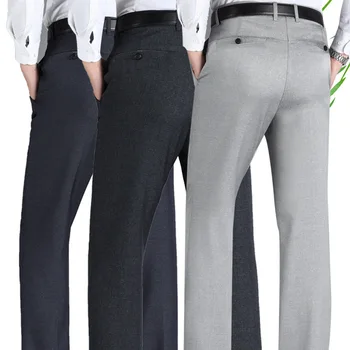 Брюки со средней завышенной талией, мужские деловые брюки, Свободные прямые брюки, модные повседневные вечерние брюки со средней эластичностью талии