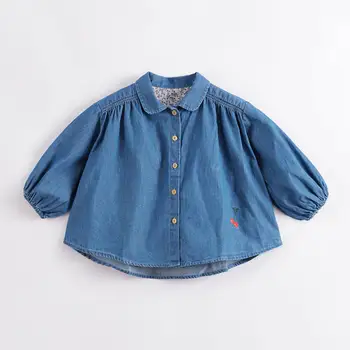 Весенние хлопковые джинсовые рубашки MARC & JANIE с вышивкой вишни для девочек, Весенне-осенняя Блузка для девочек, Повседневная хлопковая рубашка для маленьких девочек 230376