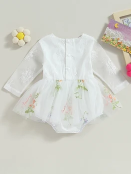 Весенний комбинезон из тюля с цветочной вышивкой для маленьких девочек, с длинными рукавами и круглым вырезом