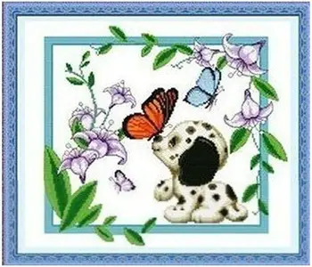 Вышивка Посылка Высококачественные наборы для вышивания крестиком Романтический поцелуй Собаки Поцелуй Цветка Бабочки Прямая продажа с фабрики