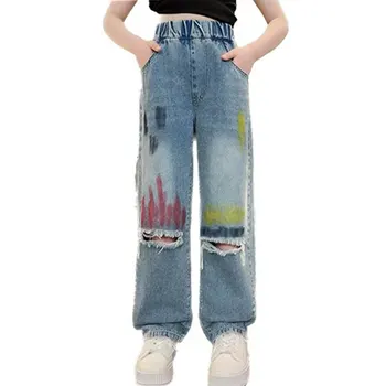 Детские Рваные джинсы с широкими штанинами, Новинка осени 2023, Цветные штаны для школьников-подростков с рисунком, Повседневные прямые брюки для девочек