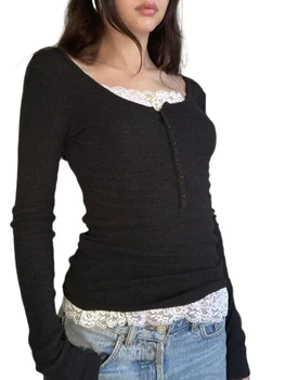 Женская повседневная кружевная лоскутная приталенная рубашка-пуловер с длинным рукавом для клубной уличной одежды со стильным дизайном