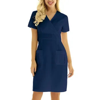 Женское платье-рубашка, униформа медсестры, Повседневный однотонный рабочий костюм с коротким рукавом и V-образным вырезом, Комбинезон с карманами, Униформа 2023, Женская одежда