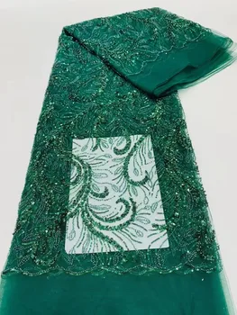 Зеленая 5 Ярдов Роскошная Кружевная Ткань С Вышивкой из Бисера 2023, Высококачественная Тюлевая Сетка С Блестками, Ткани Для Пошива Свадебного платья