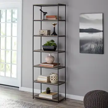Книжный шкаф с металлическим каркасом на 6 полок, коричневый в деревенском стиле