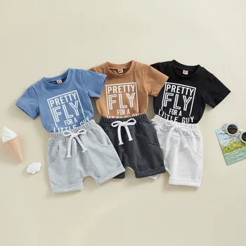 Комплекты летней одежды из 2 цветов для маленьких мальчиков от 0 до 3 лет, футболка с коротким рукавом и буквенным принтом + однотонные шорты с завязками