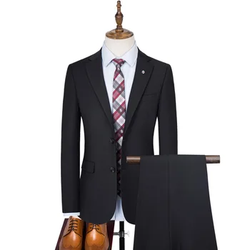 (Куртка + брюки + жилет) Базовый стиль, мужские повседневные однотонные костюмы из 2/3 предметов, Мужские блейзеры на пуговицах, Жакет, пальто, Брюки, жилет