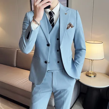 (куртка + жилет + брюки) Мужской приталенный костюм, продвинутый повседневный однотонный двубортный костюм, мужской свадебный костюм, размер 5XL