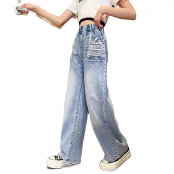 Летние осенние Джинсовые брюки с широкими штанинами для девочек-подростков, повседневные универсальные рваные джинсы для детей, школьные детские брюки 14 15 16 лет