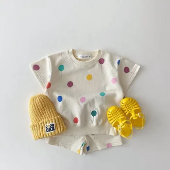 Летний комплект детской одежды в стиле Ins для мальчиков и девочек, Милый повседневный хлопковый костюм, Модная футболка с короткими рукавами, шорты, Комплект из двух предметов
