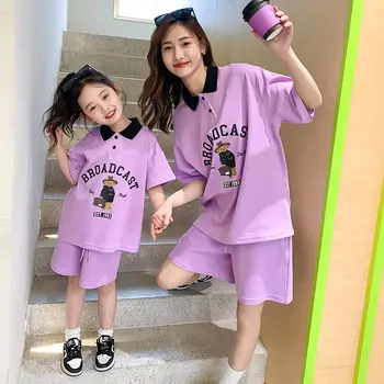 Летний комплект для мамы и дочки, Корейский модный детский комплект из двух предметов с медведем, Женская одежда, Комплекты одежды для мамы и сына