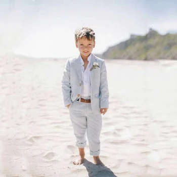 Летний Пляжный Свадебный Синий Льняной Костюм для маленьких мальчиков, Костюм для мальчика 2023, Детские Блейзеры, Костюм для мальчиков, Официальная Свадебная Одежда, Детская одежда