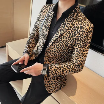 Модный мужской пиджак с леопардовым принтом, приталенный костюм в два ряда, банкетный костюм, Британская мода, Красивый повседневный костюм на один Запад