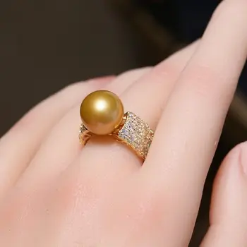 Огромное ААААА 11-12 мм Натуральное Золотое кольцо с жемчугом Южного моря