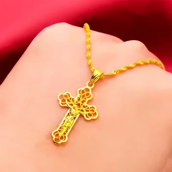 Ожерелье из 24-каратного золота для мужчин и женщин, золотая цепочка с подвеской в виде креста на шее для подарка на день рождения, изысканные ювелирные ожерелья, ювелирные изделия 24