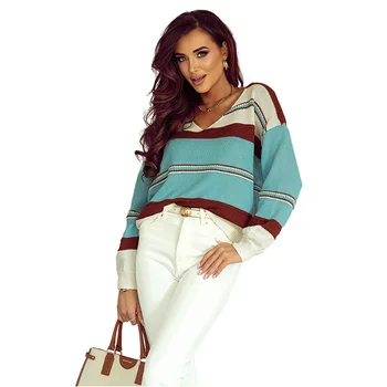 Осенне-зимний цветной свитер в стиле пэчворк, женский повседневный джемпер, вязаный пуловер в полоску с V-образным вырезом