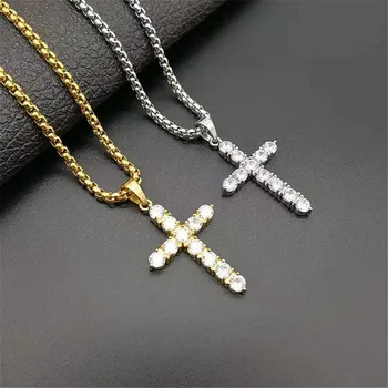 Подвеска в виде креста в стиле хип-хоп Iced Out с цепочкой из нержавеющей стали, Христианское золотое ожерелье для женщин/мужчин, прямая поставка ювелирных изделий