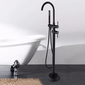 Популярный матовый черный смеситель для ванной комнаты из цельной латуни Напольный Смеситель для ванны с одной ручкой и ручной душевой насадкой