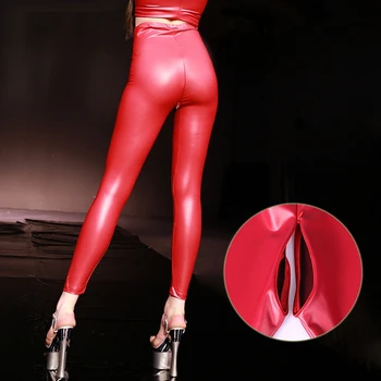 Сексуальные красные узкие брюки из искусственной кожи из латекса, Экзотические Леггинсы с открытой промежностью, Женская одежда для ночного клуба на невидимой молнии, Эротическая одежда