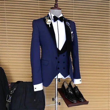 Синие Свадебные костюмы для мужчин, приталенный Смокинг, 3 предмета, мужской модный пиджак с черными брюками, Двубортный жилет, Новый стиль
