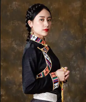 Традиционная Китайская Тибетская Рубашка, Женская Блузка, Народные топы, Весенне-черные Винтажные Этнические