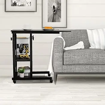 Фигурный приставной столик с регулируемой высотой C-Образный столик с колесиками и полками для хранения для дивана-кровати с откидной спинкой, белый мрамор