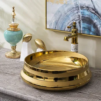 Цзиндэчжэньская фабрика непосредственно ручная керамическая фарфоровая раковина с ручной росписью керамический умывальник раковины для ванной комнаты золотой