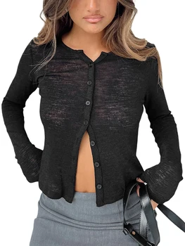 Элегантная Прозрачная Сетчатая рубашка на пуговицах с расклешенными рукавами - Винтажный кардиган в стиле Y2k Fairycore для женской Уличной одежды