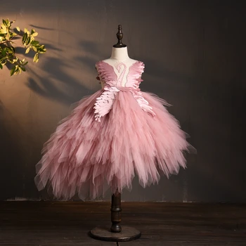 Элегантное платье с цветочным узором в виде лебедя из хрустального тюля для девочек на свадьбу, Детское Праздничное вечернее платье, Вечеринка по случаю Дня рождения, Платья принцессы из перьев